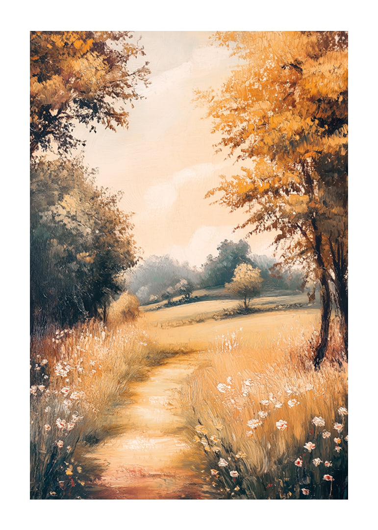 A poster with a golden path through flowering meadows -12