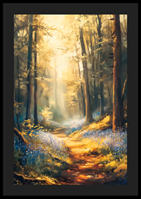 A poster with a sunlit forest path and blooming bluebells -4