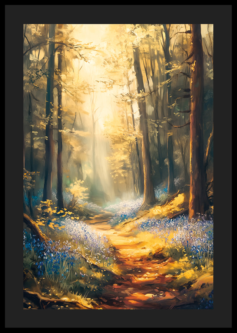 A poster with a sunlit forest path and blooming bluebells -12