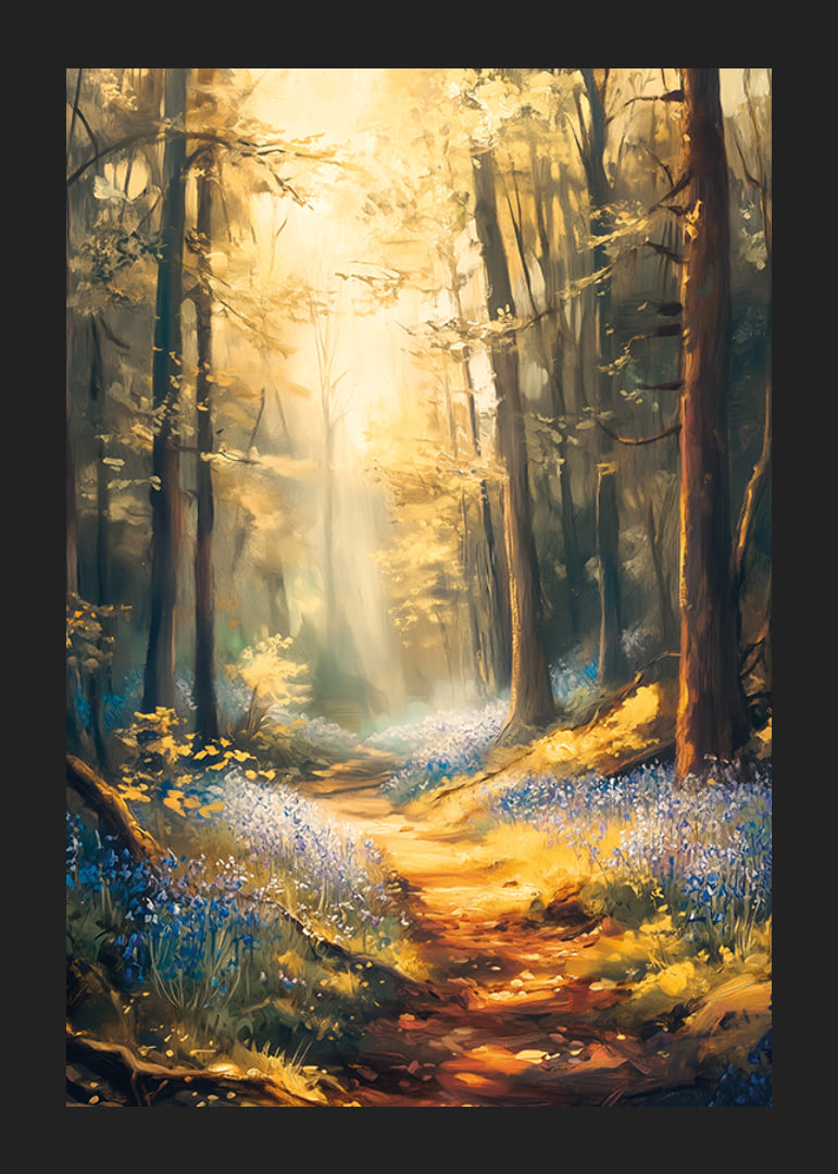 A poster with a sunlit forest path and blooming bluebells -12