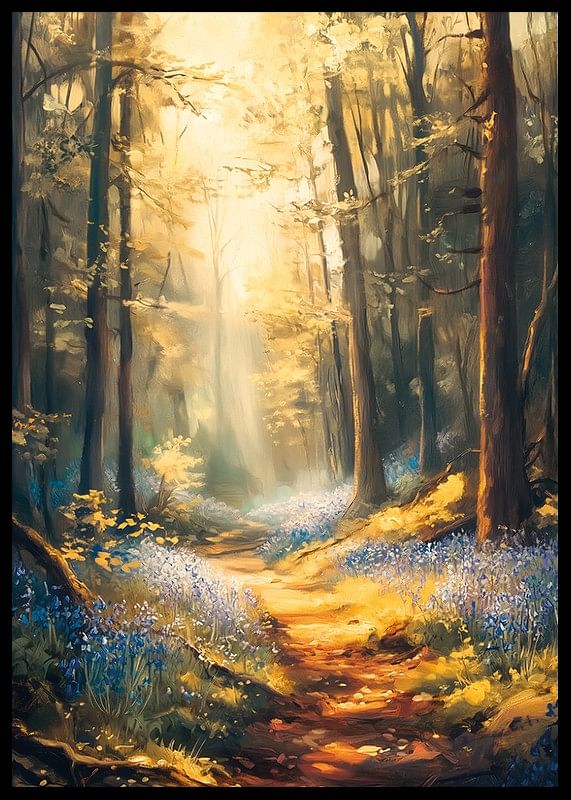 Un afiș cu o potecă de pădure luminată de soare și clopoței înfloriți -12