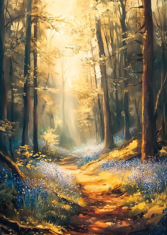 A poster with a sunlit forest path and blooming bluebells -12