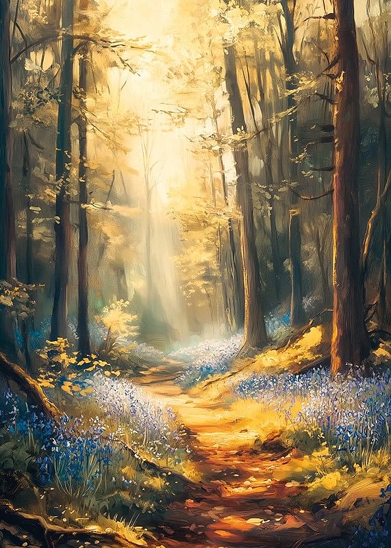 Un afiș cu o potecă de pădure luminată de soare și clopoței înfloriți -12