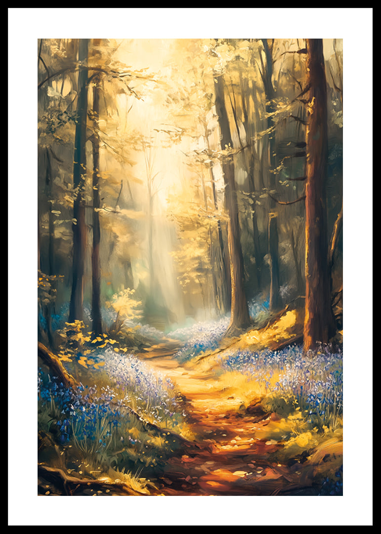 A poster with a sunlit forest path and blooming bluebells -12