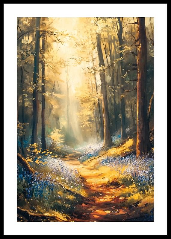 Un afiș cu o potecă de pădure luminată de soare și clopoței înfloriți -12