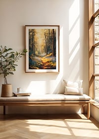 A poster with a sunlit forest path and blooming bluebells -8