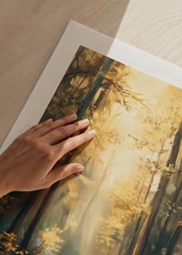 A poster with a sunlit forest path and blooming bluebells -9