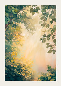 Un afiș cu o pădure în lumina aurie a dimineții -3