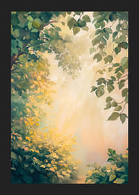 Un afiș cu o pădure în lumina aurie a dimineții -5