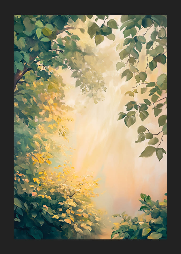 Un afiș cu o pădure în lumina aurie a dimineții -12