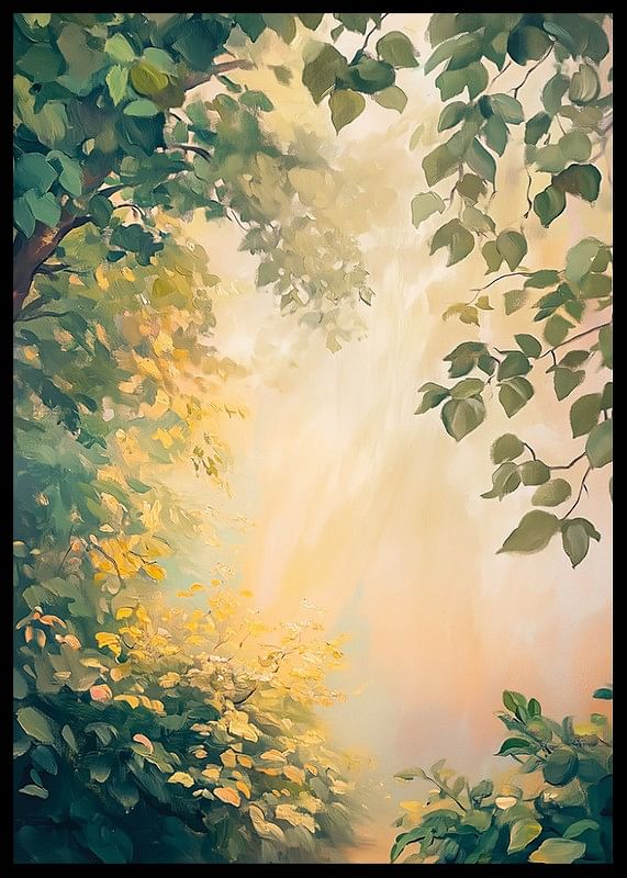 Een poster met een bos in gouden ochtendlicht -12