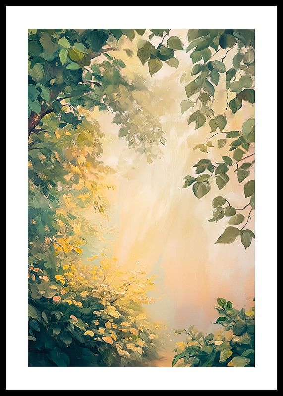 Een poster met een bos in gouden ochtendlicht -12
