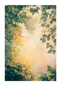 En poster med ett skogsparti i gyllene morgonljus -1