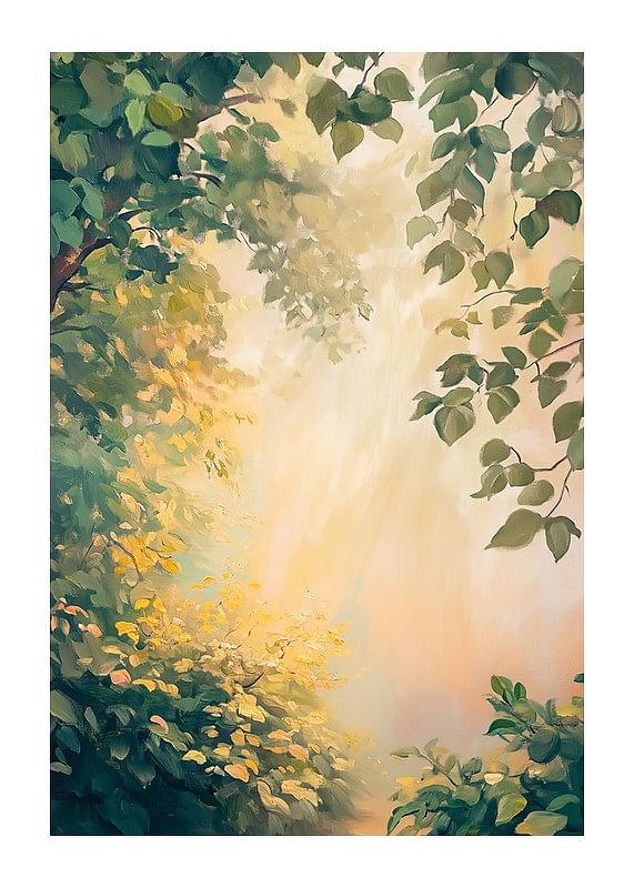 Een poster met een bos in gouden ochtendlicht -12