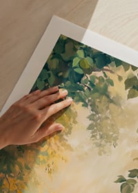 En poster med ett skogsparti i gyllene morgonljus -9