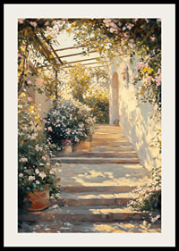 Um cartaz de um caminho de jardim iluminado pelo sol e rodeado de flores -2