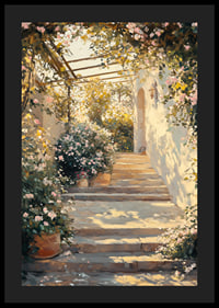 Um cartaz de um caminho de jardim iluminado pelo sol e rodeado de flores -4