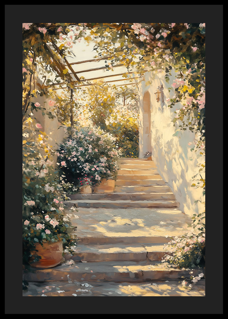 Um cartaz de um caminho de jardim iluminado pelo sol e rodeado de flores -12
