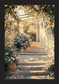 Um cartaz de um caminho de jardim iluminado pelo sol e rodeado de flores -5