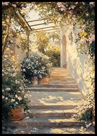 Um cartaz de um caminho de jardim iluminado pelo sol e rodeado de flores -6