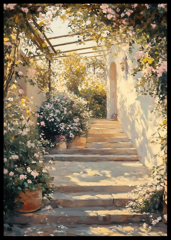 Um cartaz de um caminho de jardim iluminado pelo sol e rodeado de flores -12