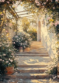 Um cartaz de um caminho de jardim iluminado pelo sol e rodeado de flores -7