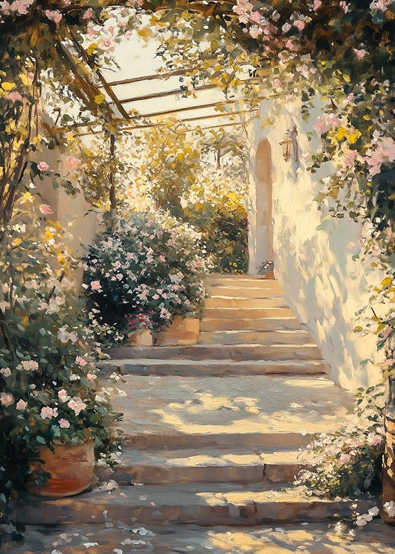 Um cartaz de um caminho de jardim iluminado pelo sol e rodeado de flores -12