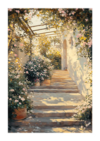 Um cartaz de um caminho de jardim iluminado pelo sol e rodeado de flores -1