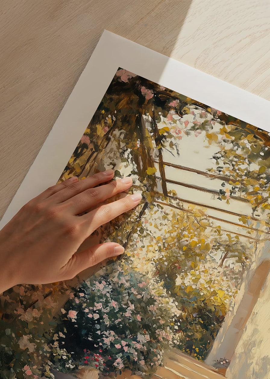 Um cartaz de um caminho de jardim iluminado pelo sol e rodeado de flores -12