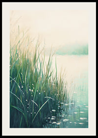A poster with a calm lakeside in soft green and blue tones-2
