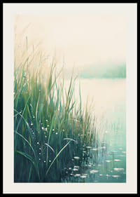 Une affiche avec un bord de lac calme dans des tons doux de vert et de bleu-2