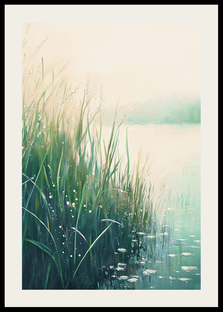 Une affiche avec un bord de lac calme dans des tons doux de vert et de bleu-12