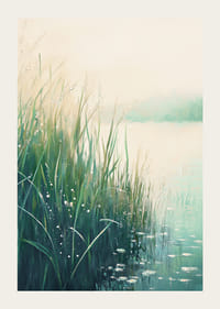 Une affiche avec un bord de lac calme dans des tons doux de vert et de bleu-3