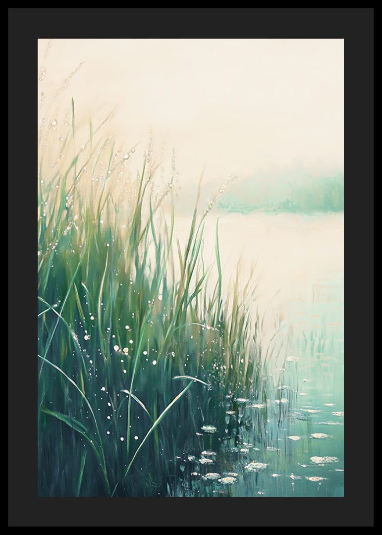 A poster with a calm lakeside in soft green and blue tones-12
