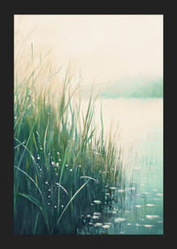 Une affiche avec un bord de lac calme dans des tons doux de vert et de bleu-5