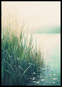 A poster with a calm lakeside in soft green and blue tones-6