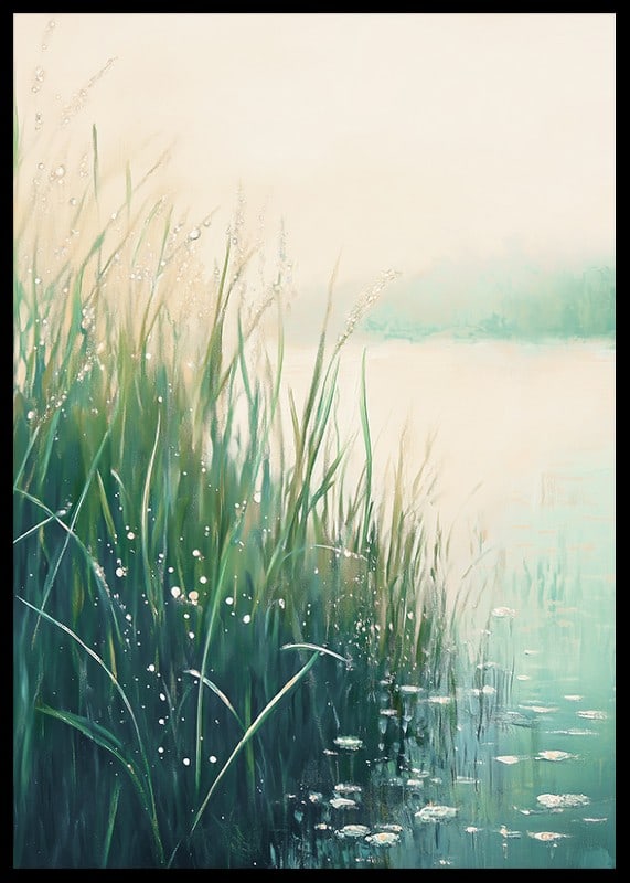 A poster with a calm lakeside in soft green and blue tones-12