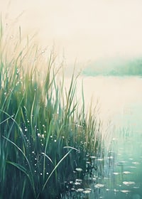 A poster with a calm lakeside in soft green and blue tones-7