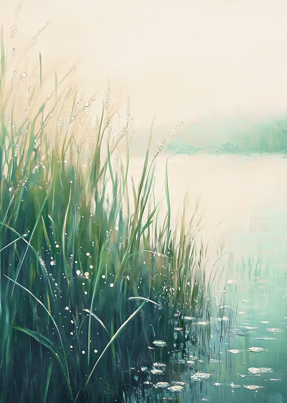A poster with a calm lakeside in soft green and blue tones-12