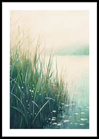 A poster with a calm lakeside in soft green and blue tones-0