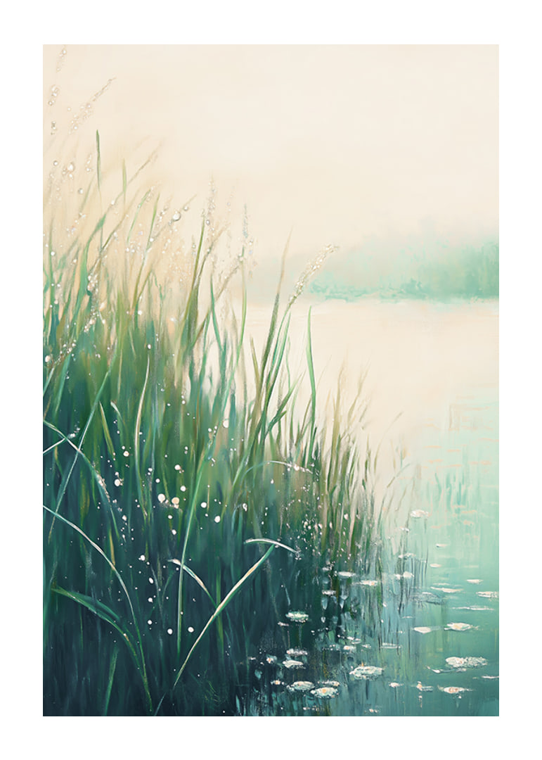 A poster with a calm lakeside in soft green and blue tones-12