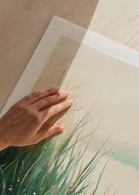 A poster with a calm lakeside in soft green and blue tones-9
