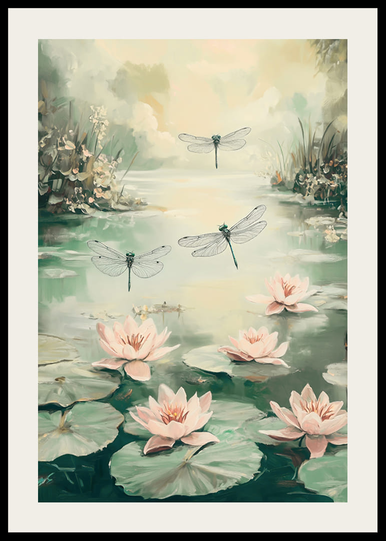 Une affiche avec des nénuphars et des libellules -12