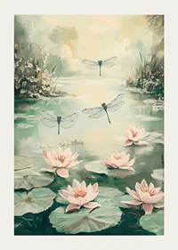 A poster with water lilies and dragonflies -3