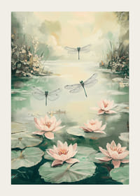 Une affiche avec des nénuphars et des libellules -3