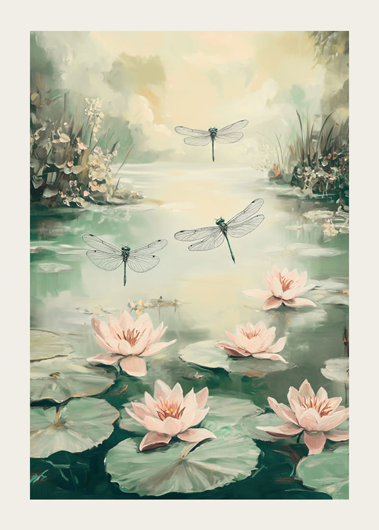 Une affiche avec des nénuphars et des libellules -12