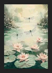 A poster with water lilies and dragonflies -5