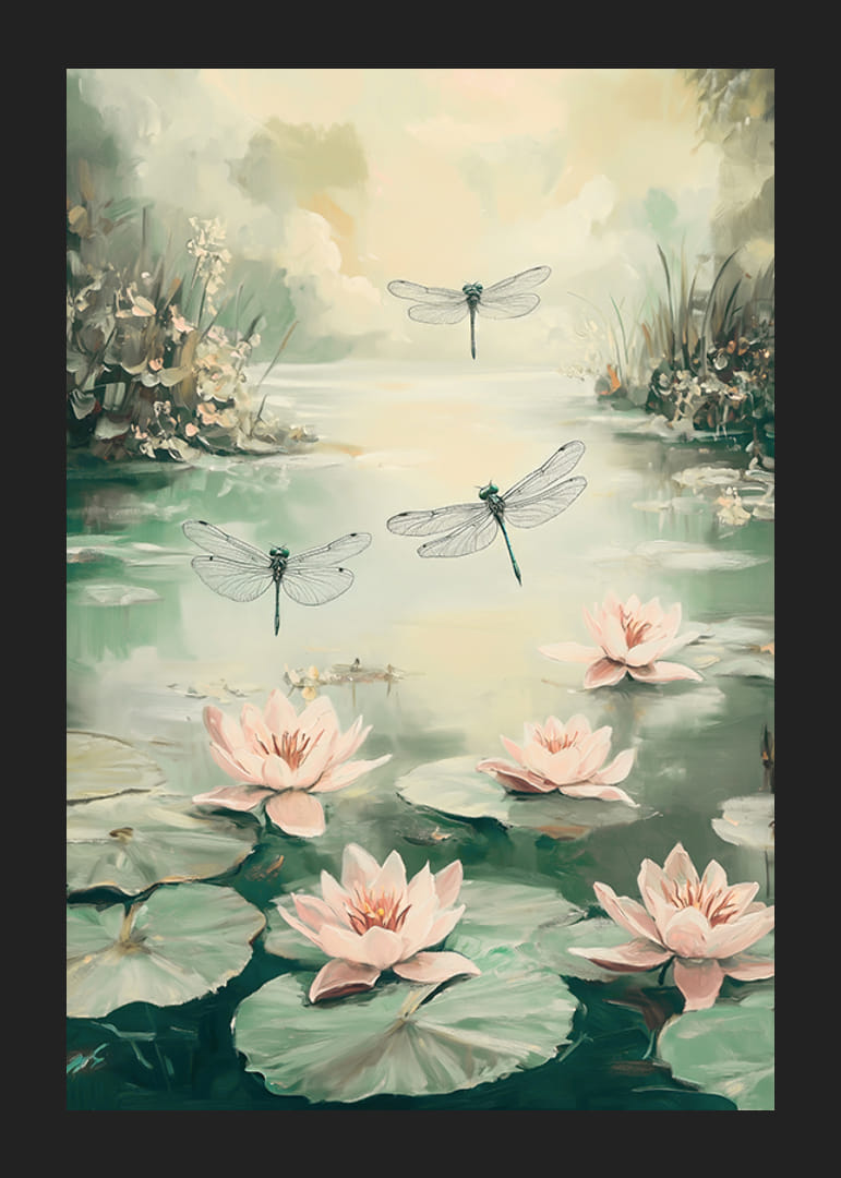 Une affiche avec des nénuphars et des libellules -12