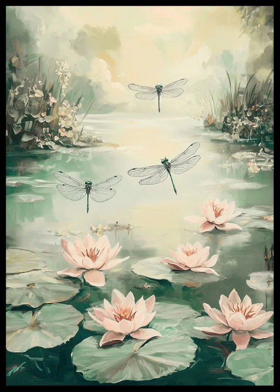 A poster with water lilies and dragonflies -12