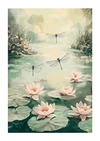 A poster with water lilies and dragonflies -1